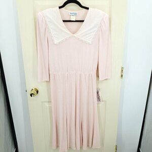 VTG 80s Deadstock Diane Von Furstenberg Lace-Collar Midi Dress M/L Pink/Cream